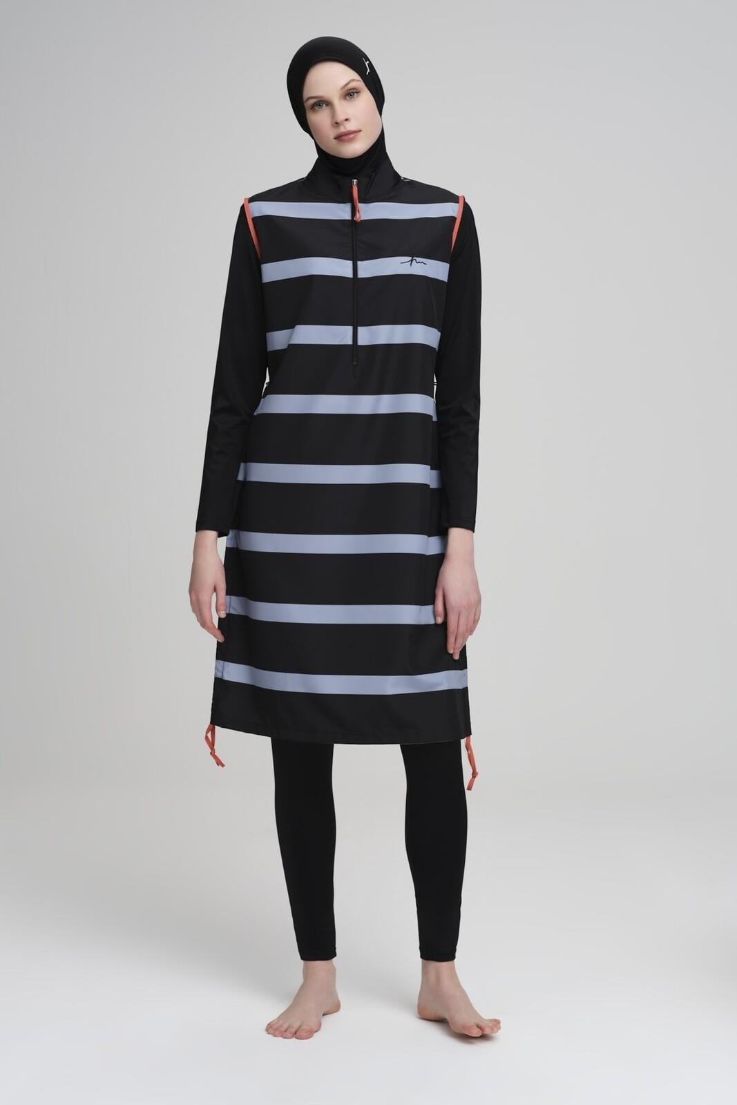 Haşema Turuncu Biyeli Siyah Jileli 4 Parça Tam Kapalı Tesettür Mayo Takımı H-2405