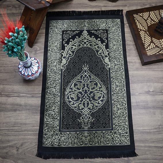 Hediyelik İpek Nur Tafta Seccade Koyu Siyah 68x110 cm - 300 gr