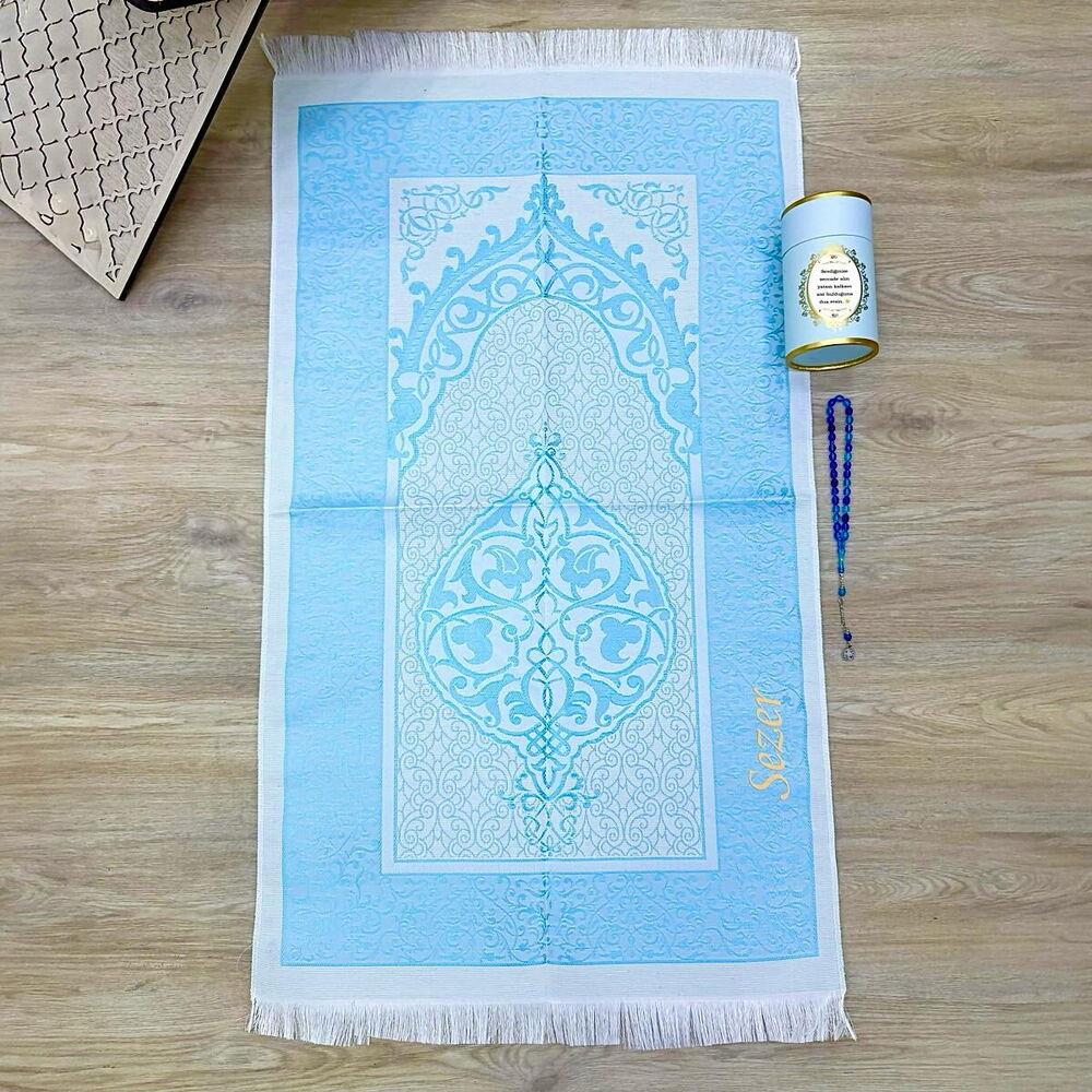 Hediyelik İpek Nur Tafta Seccade Turkuaz ,33 lü Tesbih, Silindir Seti - Mavi