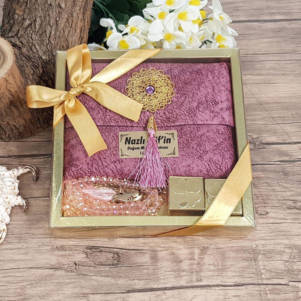 Hediyelik Kadife Yasin Kitabı Çantalı (İsme Özel), Kristal Tesbih, Lokumlu Dini Set-Pembe