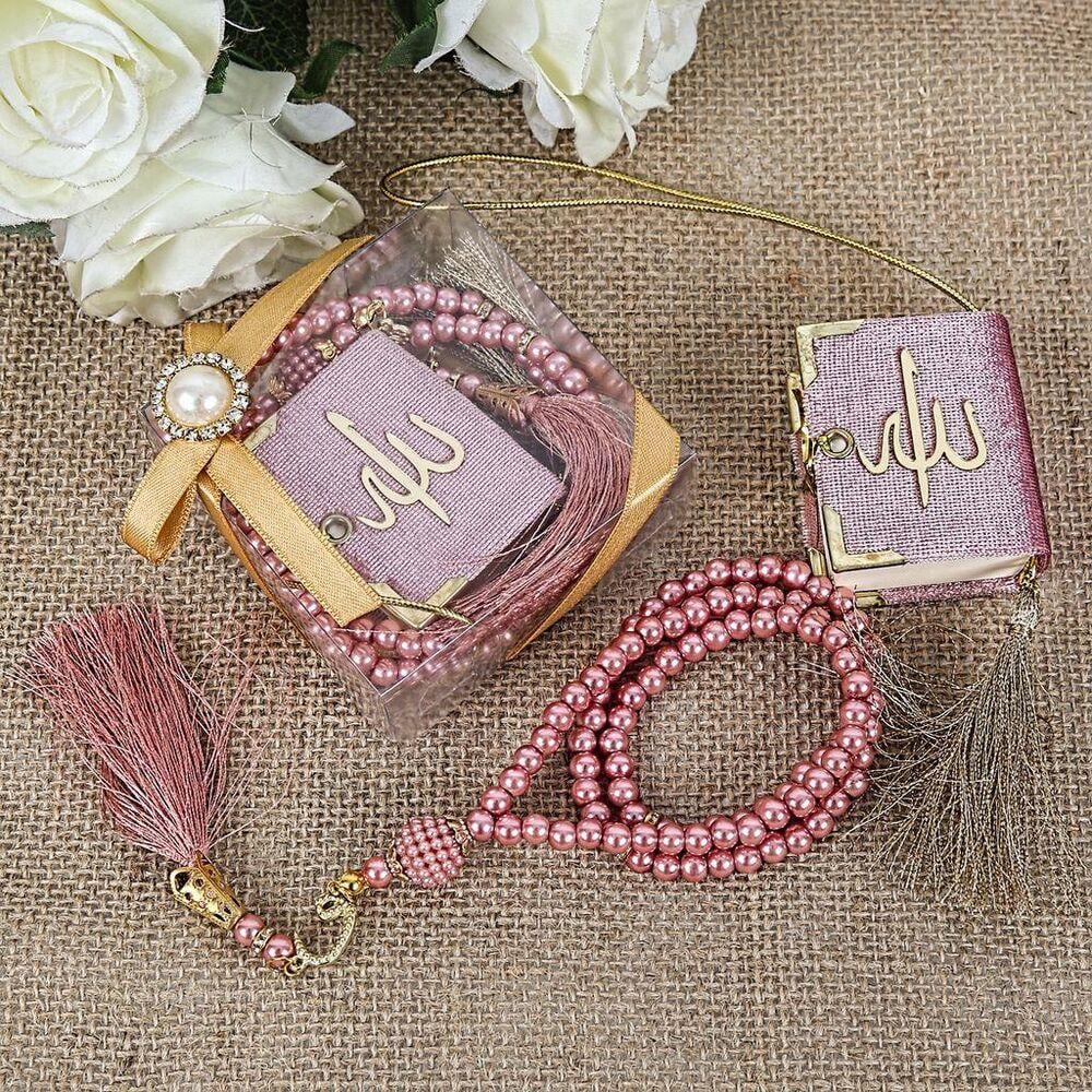 Hediyelik Mini Kuran, İnci Tesbihli Kare Kutulu Set-Pembe