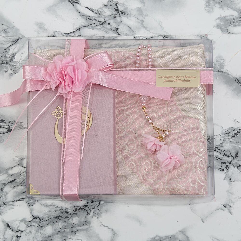 Hediyelik Seccade, İnci Tesbih, Çanta Boy Kur'an-ı Kerim, Asetat Kutulu (26×23) Set Pembe