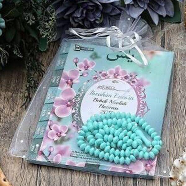 Hediyelik Yasin Kitabı Çanta Boy) 80 Sayfa, 99'lu Kokulu Tesbih ve Tül Süslemeli Ekonomik Mevlid Paketi-Kardelen