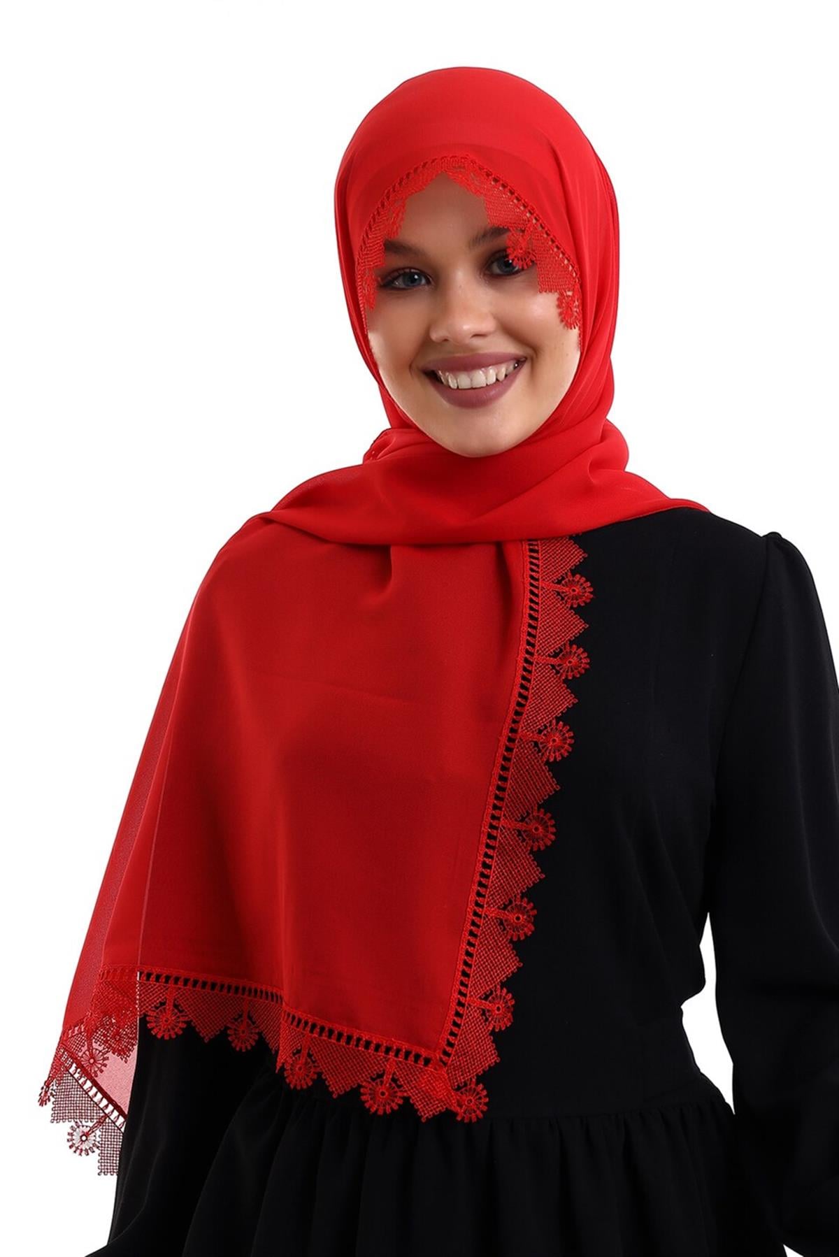 İğne Oyalı Dantelli Eşarp Demor Mevlüt Örtüsü Kırmızı