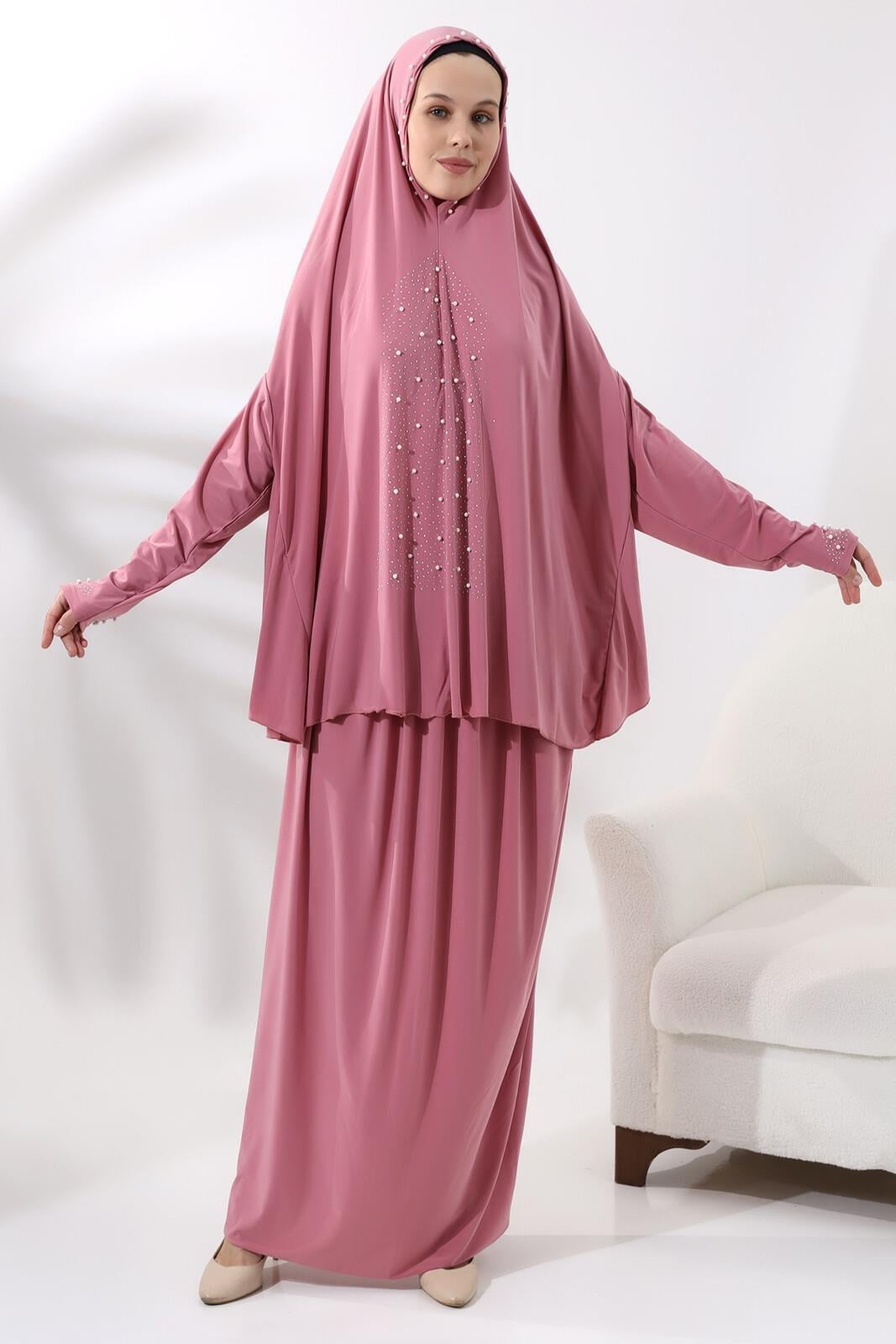 İki Parça İncili Taşlı Alt Üst Pratik Namaz Elbisesi 8017 Pembe