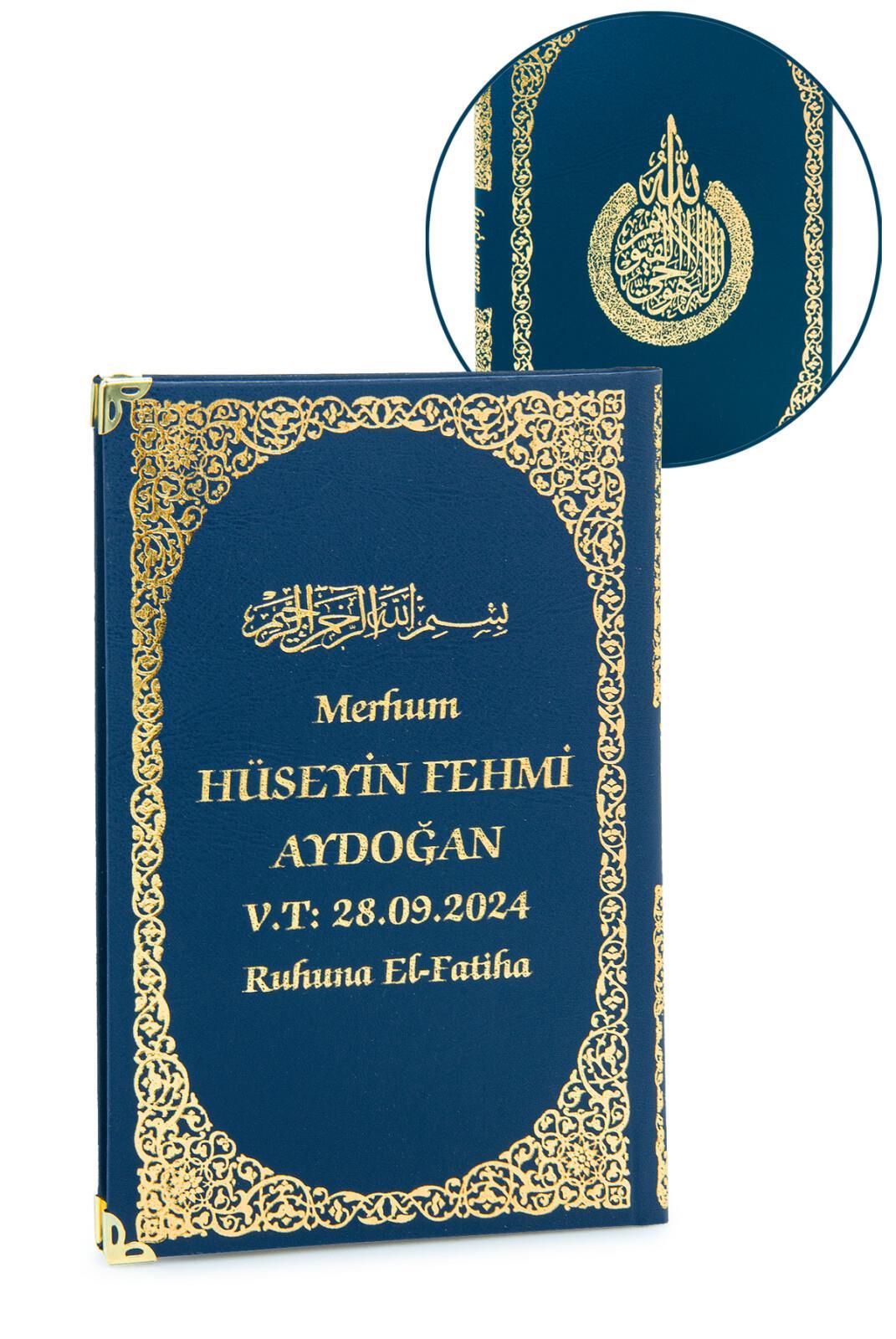 İsim Baskılı Ayet-el Kürsi Desenli Yaldızlı Deri Ciltli Orta Boy Yasin Kitabı Mevlüt Hediyesi 128 Sayfa Lacivert