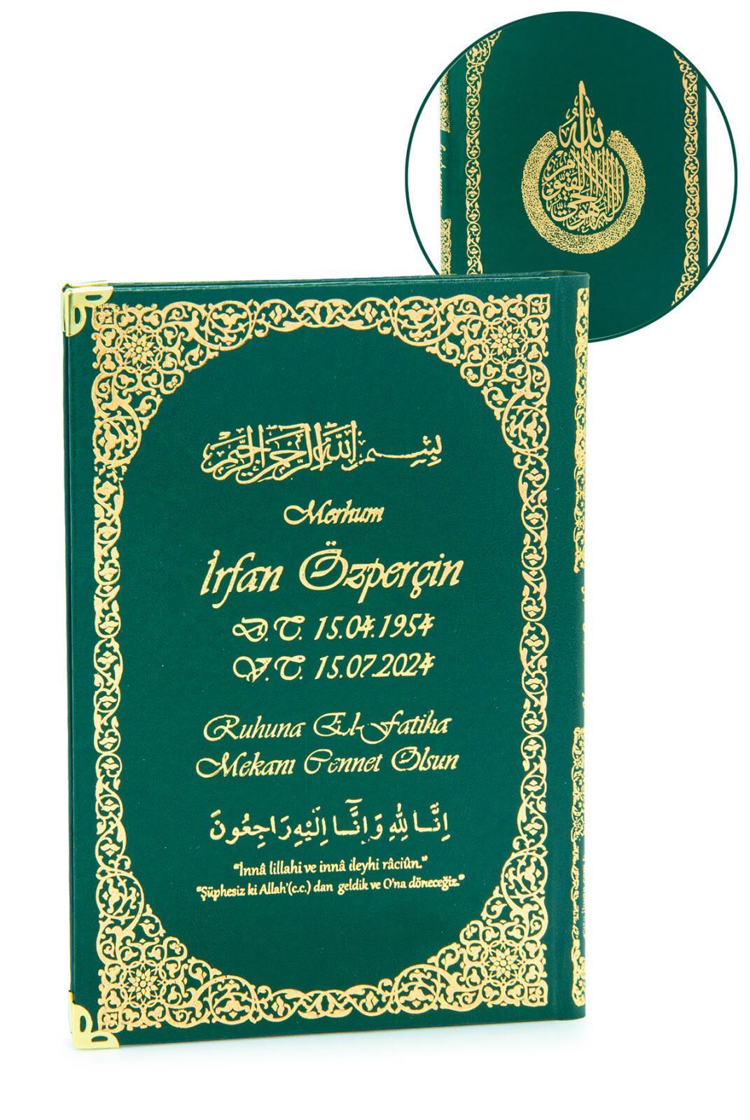 İsim Baskılı Ayet-el Kürsi Desenli Yaldızlı Deri Ciltli Orta Boy Yasin Kitabı Mevlüt Hediyesi 128 Sayfa Yeşil