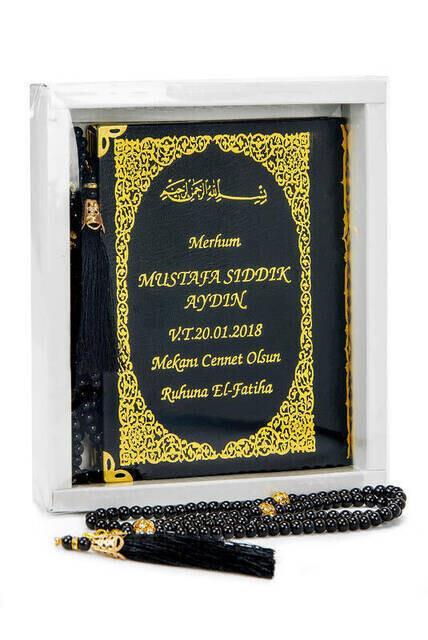 İsim Baskılı Ciltli Yasin Kitabı - Çanta Boy - 128 Sayfa - Kutulu - Vavlı İnci Tesbih - Siyah Renk - Hediyelik Set