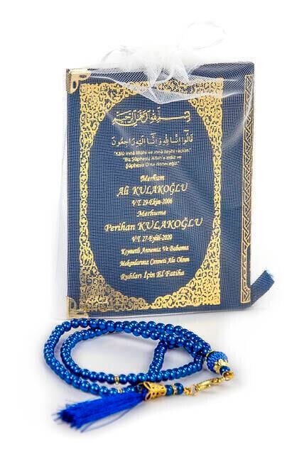 İsim Baskılı Ciltli Yasin Kitabı - Çanta Boy - 128 Sayfa - İnci Tesbihli - Lacivert Renk - Mevlit Hediyesi