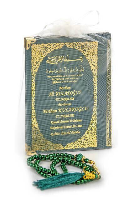 İsim Baskılı Ciltli Yasin Kitabı - Çanta Boy - 128 Sayfa - İnci Tesbihli - Yeşil Renk - Mevlit Hediyesi
