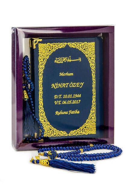 İsim Baskılı Ciltli Yasin Kitabı - Çanta Boy - 128 Sayfa - Kutulu - Vavlı İnci Tesbih - Lacivert Renk - Hediyelik Set