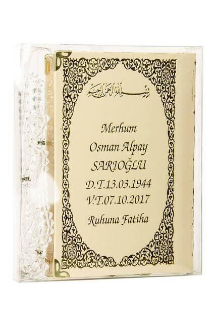 İsim Baskılı Ciltli Yasin Kitabı - Çanta Boy - 128 Sayfa - Tesbihli - Şeffaf Kutulu - Krem Renk - Dini Hediyelik Set