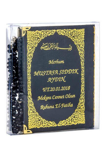 İsim Baskılı Ciltli Yasin Kitabı - Çanta Boy - 128 Sayfa - Tesbihli - Şeffaf Kutulu - Siyah Renk - Dini Hediyelik Set