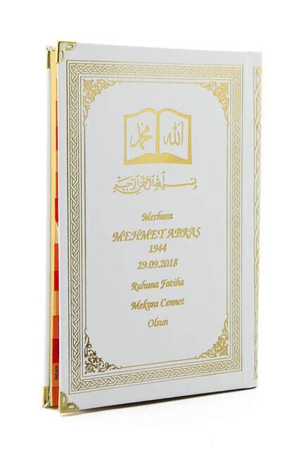 İsim Baskılı Ciltli Yasin Kitabı - Osmanlı Desenli - Orta Boy - 176 Sayfa - Beyaz Renk - Dini Hediyelik