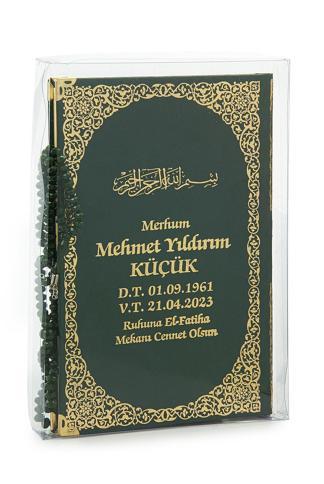 İsim Baskılı Yaldızlı Deri Ciltli Yasin Kitabı - Orta Boy - Şeffaf Kutulu - Tesbihli - Yeşil Renk
