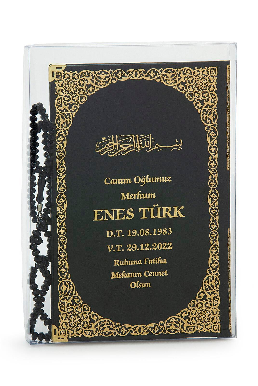 İsim Baskılı Yaldızlı Deri Ciltli Yasin Kitabı - Orta Boy - Şeffaf Kutulu - Tesbihli - Siyah Renk
