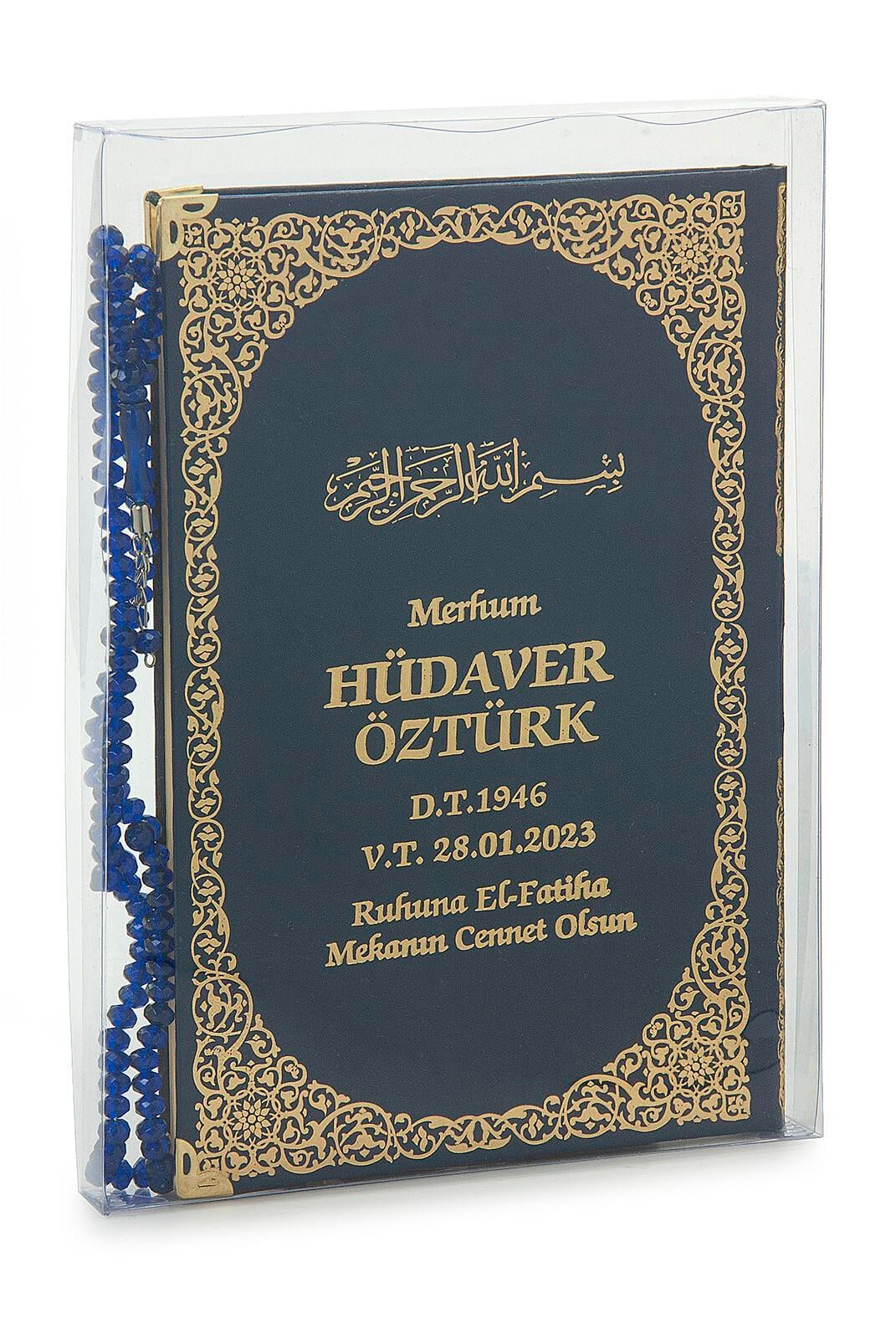 İsim Baskılı Yaldızlı Deri Ciltli Yasin Kitabı - Orta Boy - Şeffaf Kutulu - Tesbihli -  Lacivert Renk