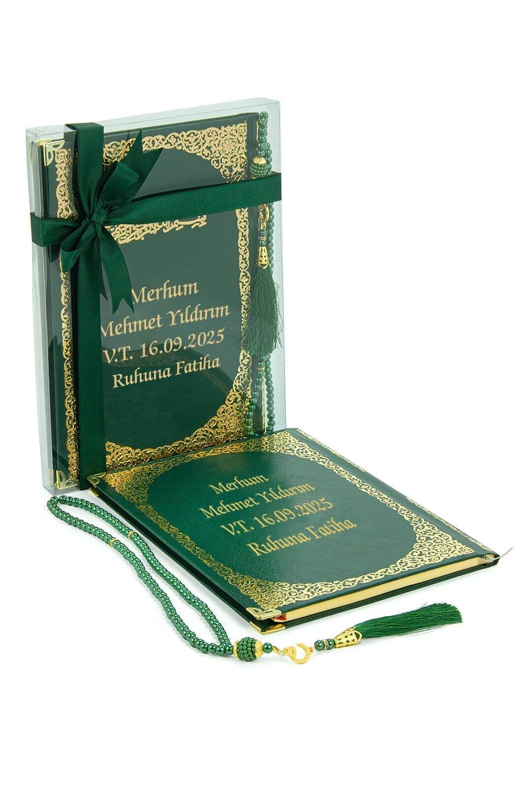 İsim Baskılı Yaldızlı Deri Ciltli Yasin Kitabı - Orta Boy - Şeffaf Kutulu - İnci Tesbihli - Kurdelalı - Yeşil Renk