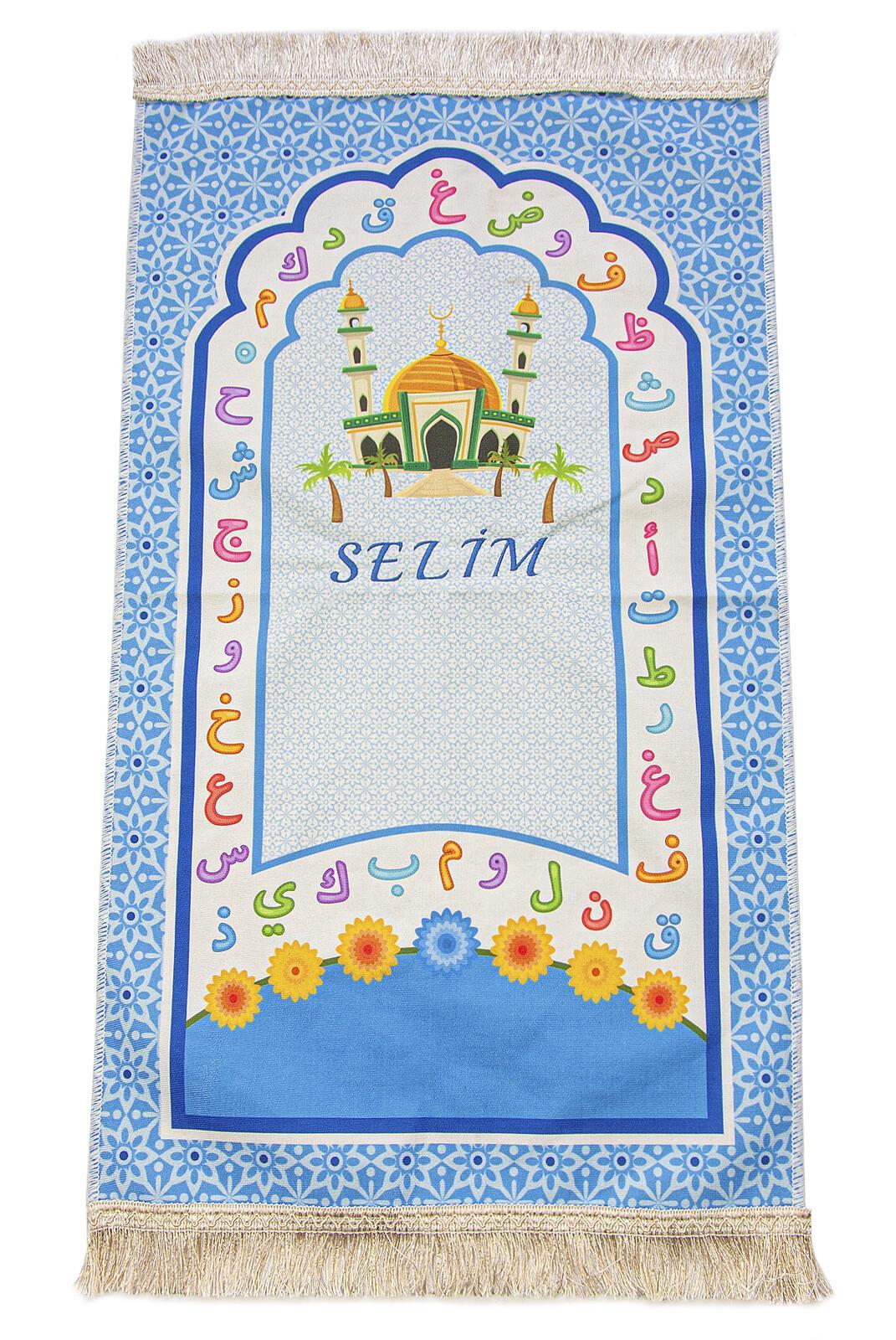 İsme Özel Nakış İşlemeli Camili ve Arapça Alfabeli Çocuk Seccadesi Mavi