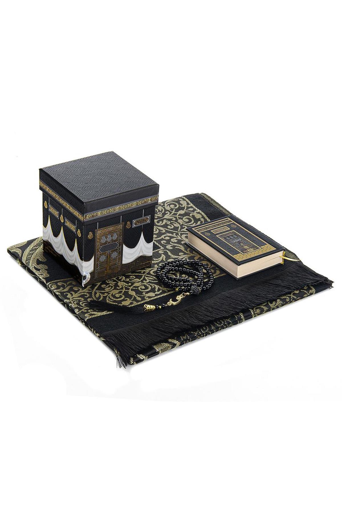 Kabe Desenli Özel Kutusunda - Seccadeli - Kuranı Kerimli Mevlüt Seti Siyah