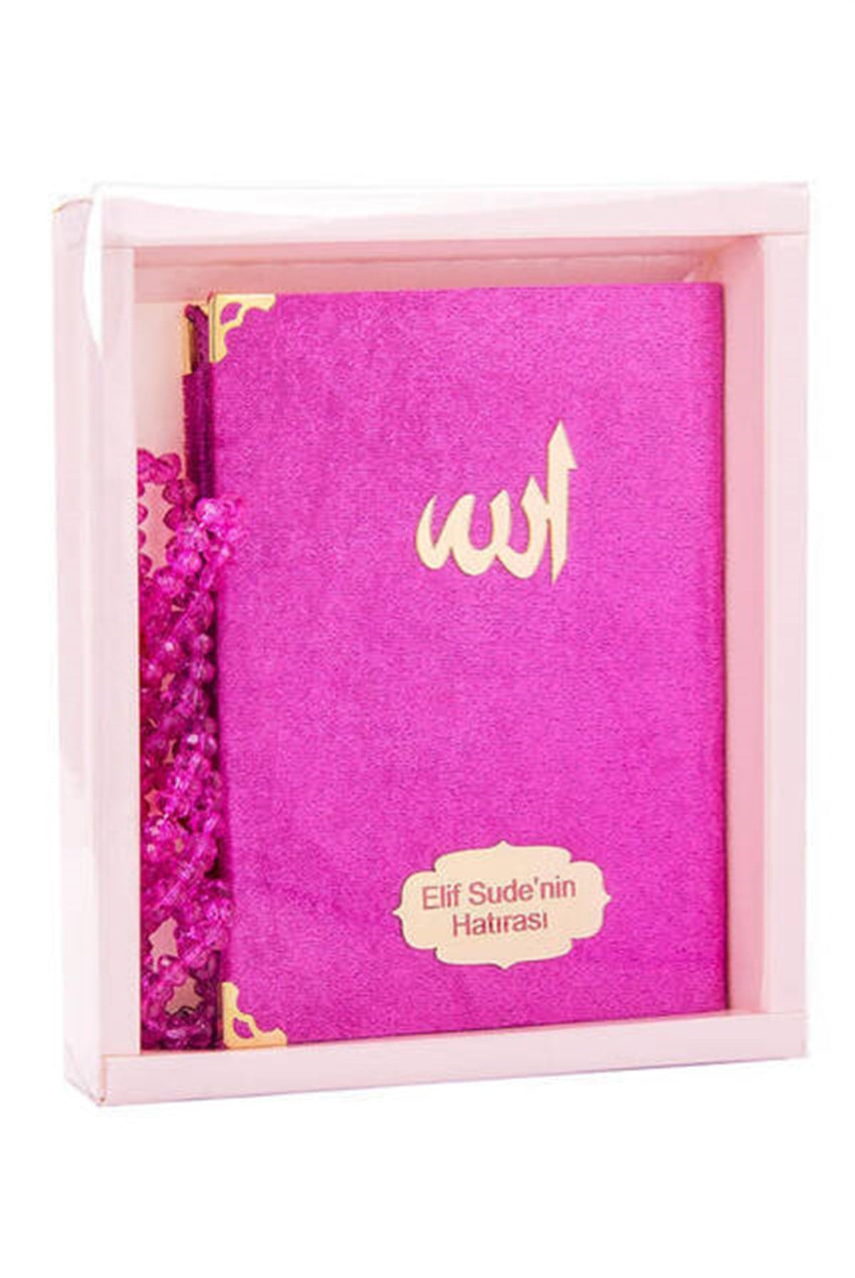 Kadife Kaplı Yasin Kitabı - Çanta Boy - İsme Özel Plakalı - Tesbihli - Kutulu - Fuşya Renk - Mevlid Hediyeliği