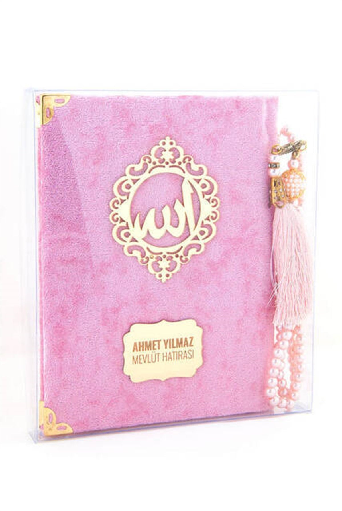 Kadife Kaplı Yasin Kitabı - Çanta Boy - İsme Özel Plakalı - Tesbihli - Kutulu - Pembe Renk - Mevlid Hediyeliği