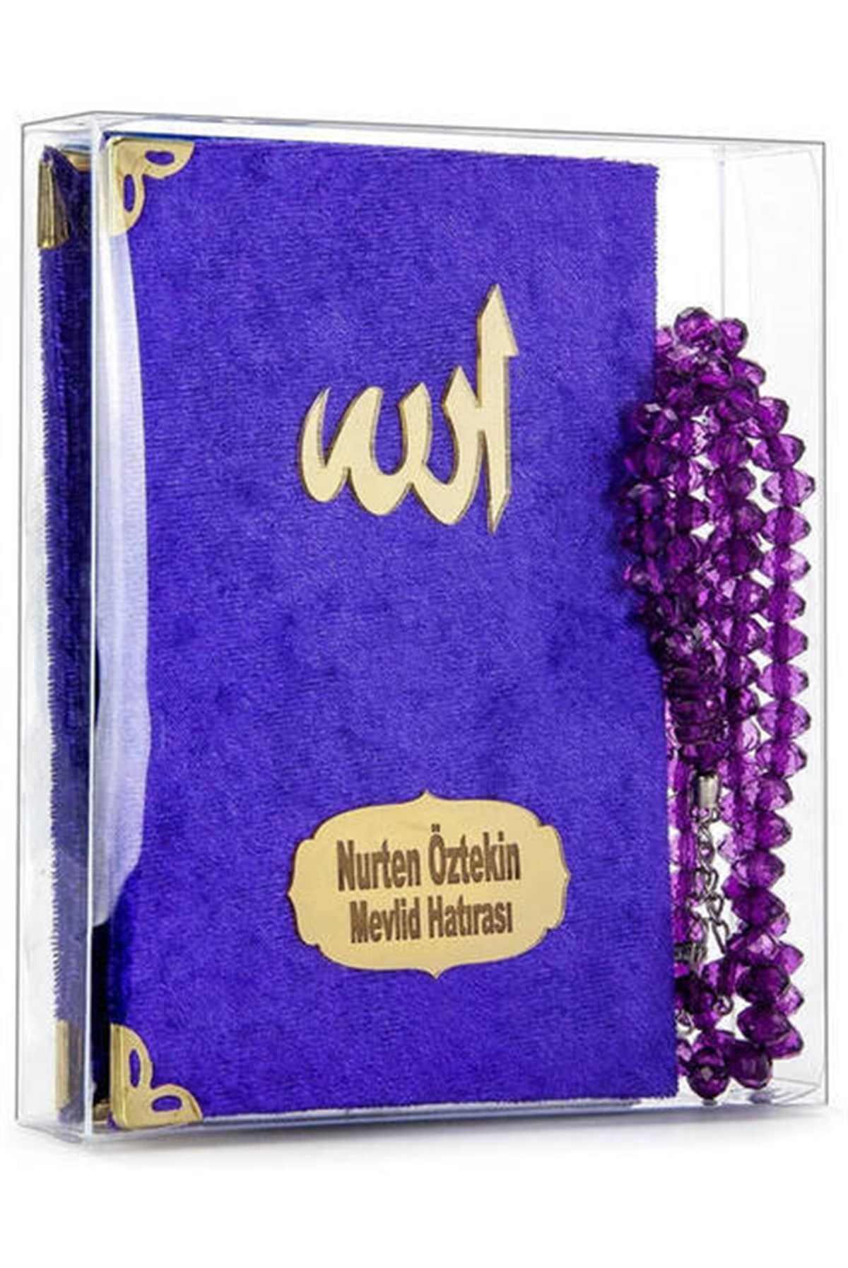 Kadife Kaplı Yasin Kitabı - Cep Boy - İsme Özel Plakalı - Tesbihli - Kutulu - Mor - Mevlüt Hediyeliği