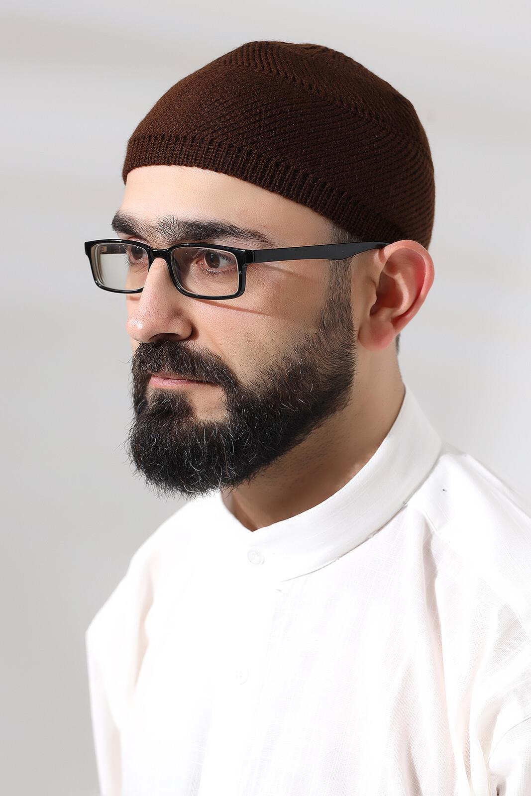 Kahve Süper Namaz Dantel Detaylı Örme Orlon Namaz Takkesi