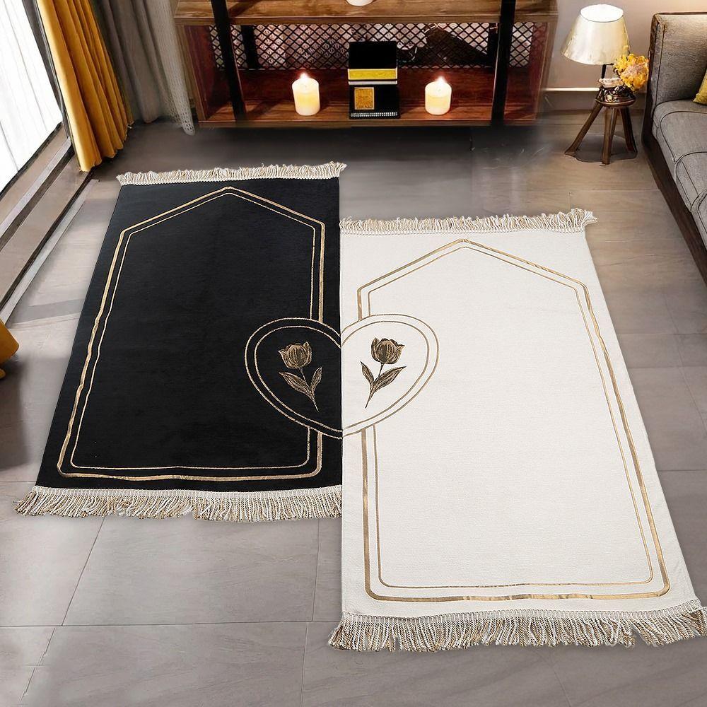 Kalbi Tamamla Eşlere Özel Çiftli Seccade Siyah Beyaz Gold İşlemeli(70*120cm330gr Tek Ürün Ölçüsü) )