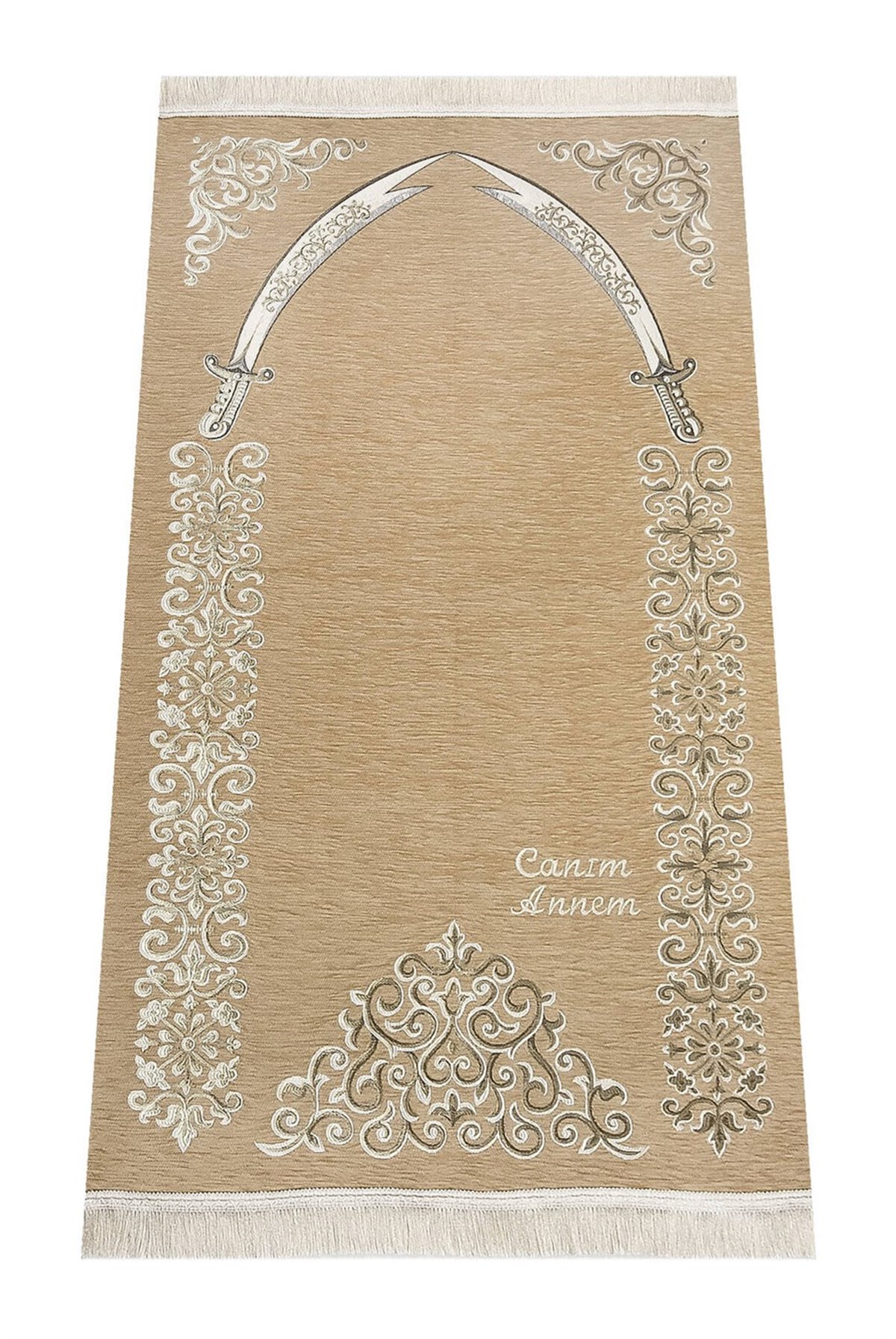 Kişiye Özel İsim İşlemeli Zülfikar Desenli Ultra Plus Şönil Seccade Gold Renk