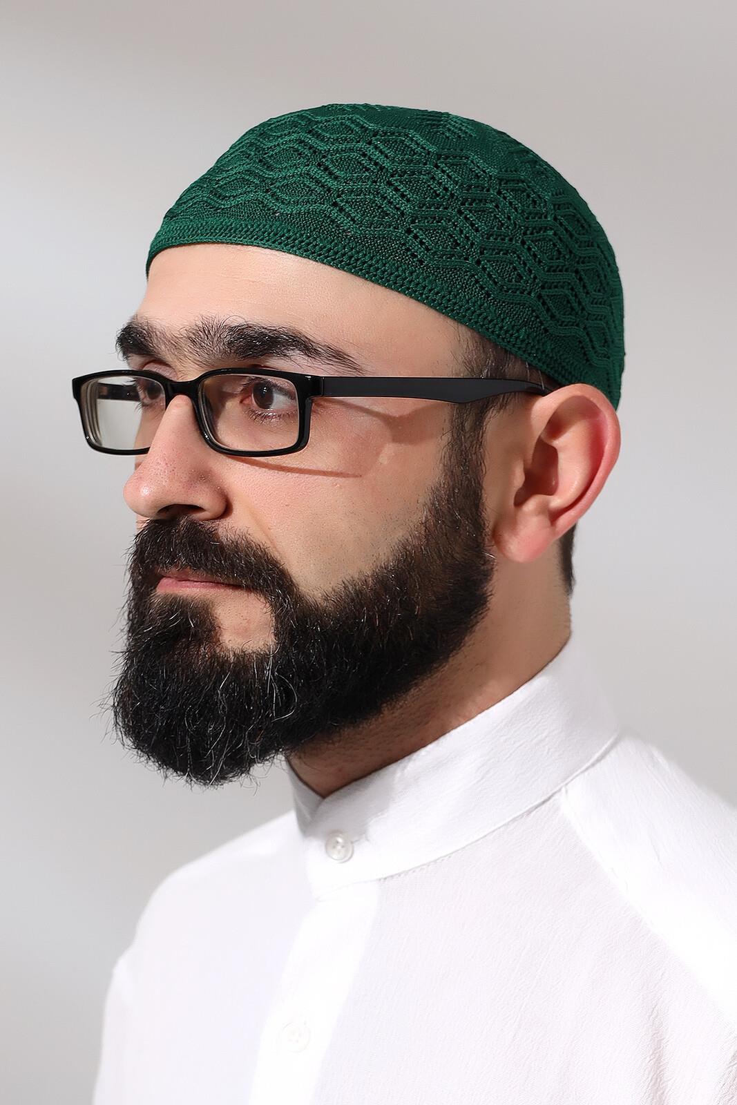 Kubbetül Hadra Platinum Serisi Dantel Detaylı Örme Namaz Takkesi Yeşil