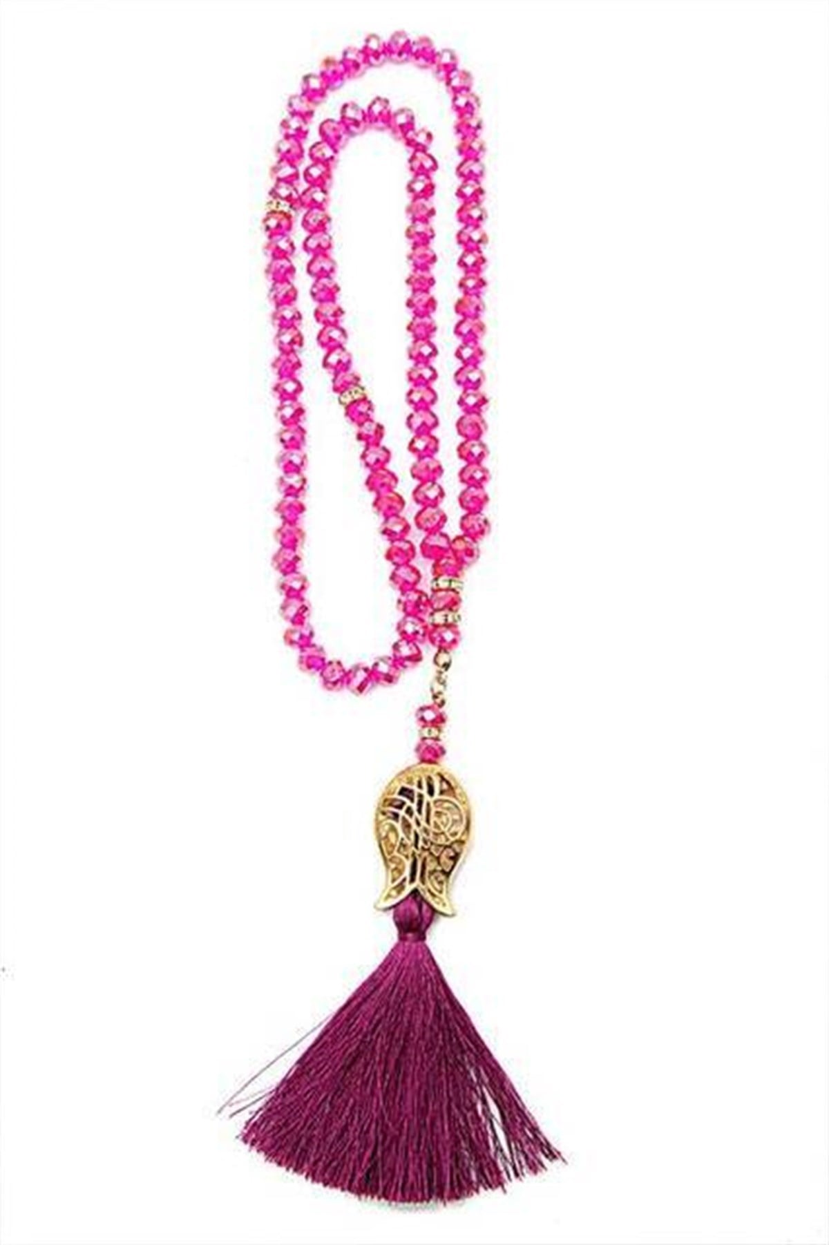 Lale Desenli Püsküllü 99 lu Kristal Hac Umre Hediyelik Tesbih - 8mm Pembe