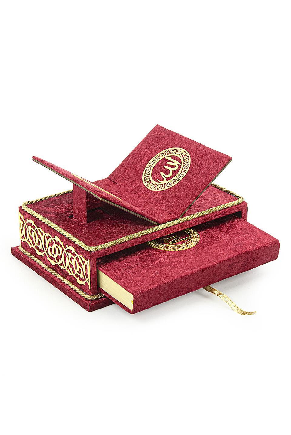 Masa Üstü Rahleli Kadife Kaplı Sandıklı Kuranı Kerim Seti - Rahiya Serisi Kırmızı