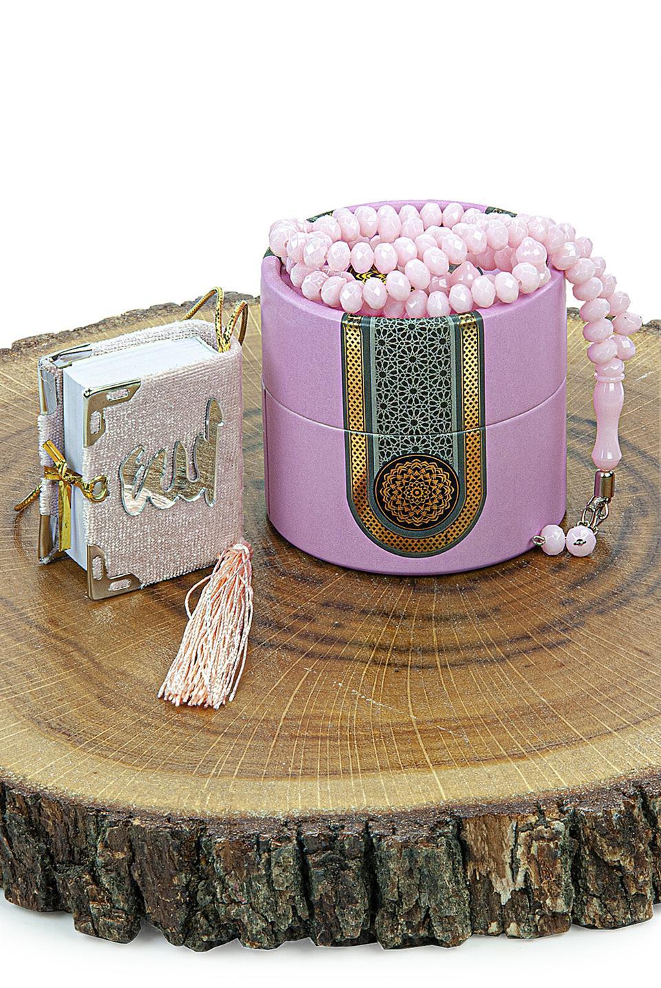 Mevlüt İçin Mini Silindir Kutulu Tesbihli Hediyelik Kuranı Kerim Seti Pembe