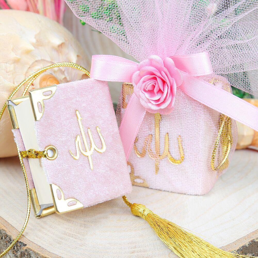 Mini Kur'an-ı Kerim Kadife Kaplı & Tül Süslemeli Pembe