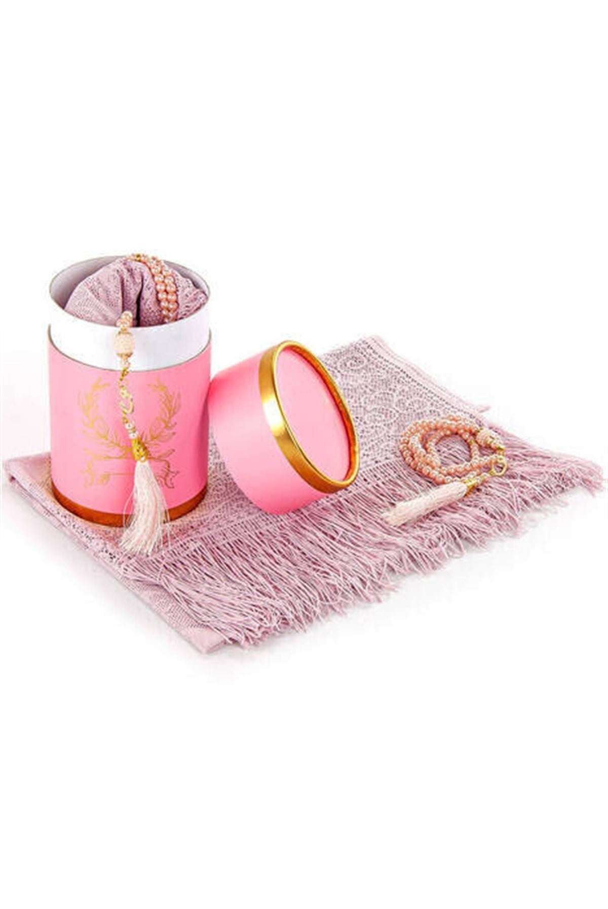 Özel Silindir Kutulu Set İnci Tesbihli Tül Şal Pembe Renk