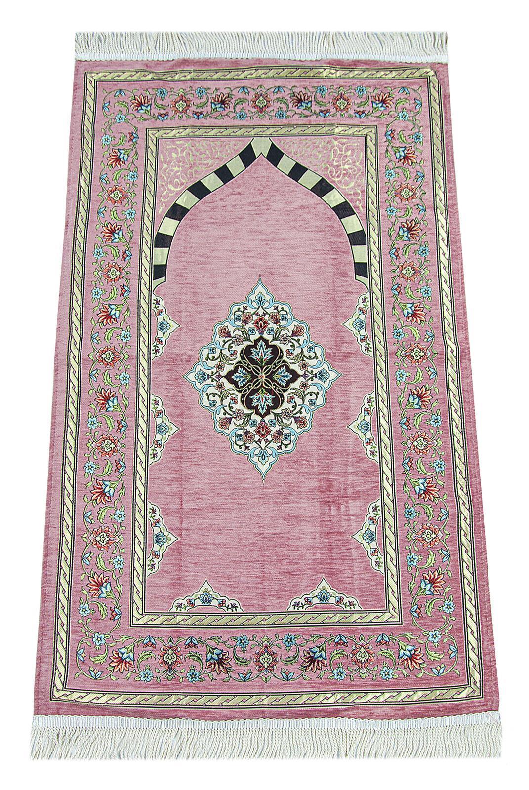 Pembe Çiçek Motifli Mihraplı Astarlı Şönil Seccade