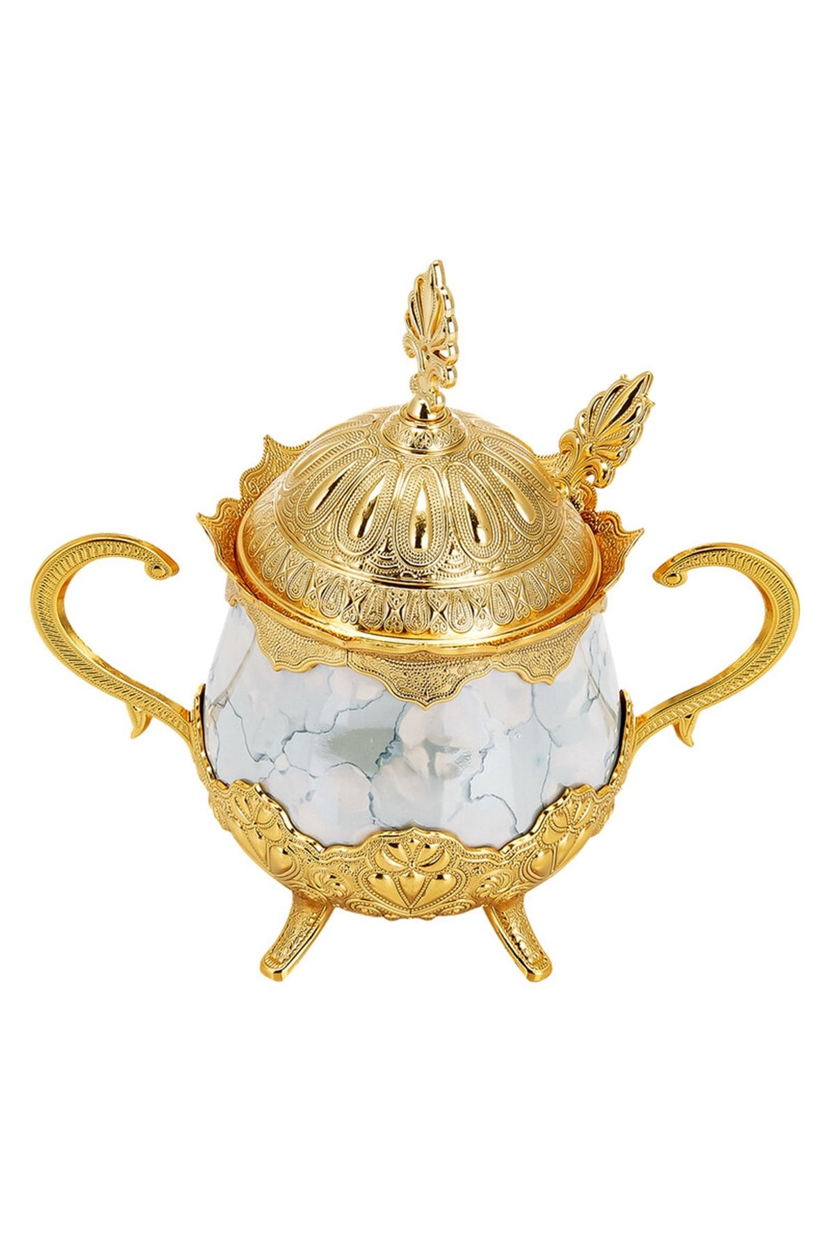 Porselenli Yuvarlak Kaşıklı Şekerlik Mavi Desenli Gold Renk