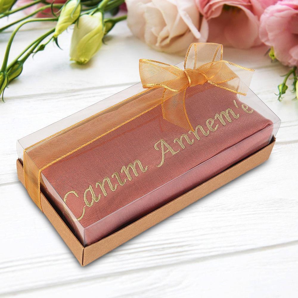 Şal'a Sevdiğinizin İsmini Nakış ile Yazalım, % 100 Pamuklu Şal, Kraft Asetat Kutulu(10*20 cm 160 gr)-Gül Kurusu