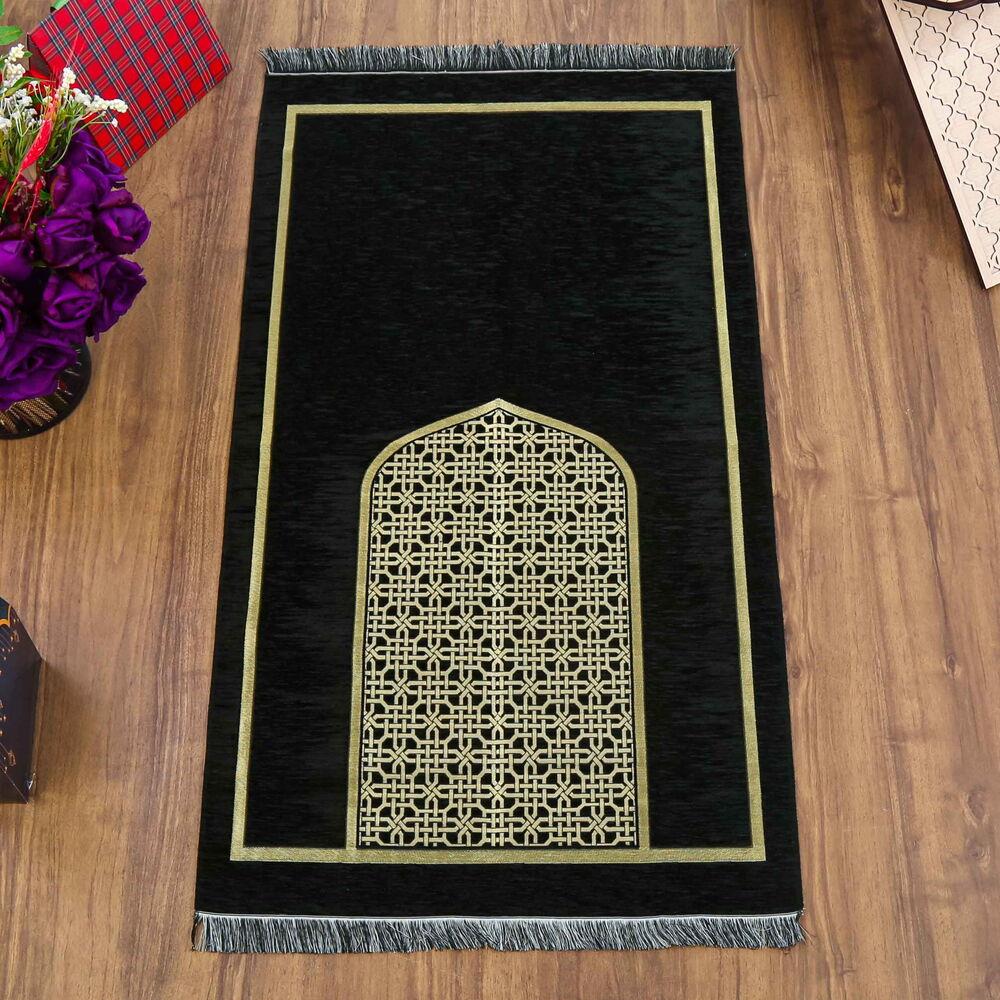 Selçuklu Desenli Lüks Şönil Seccade Siyah (66x120cm) 520 gr