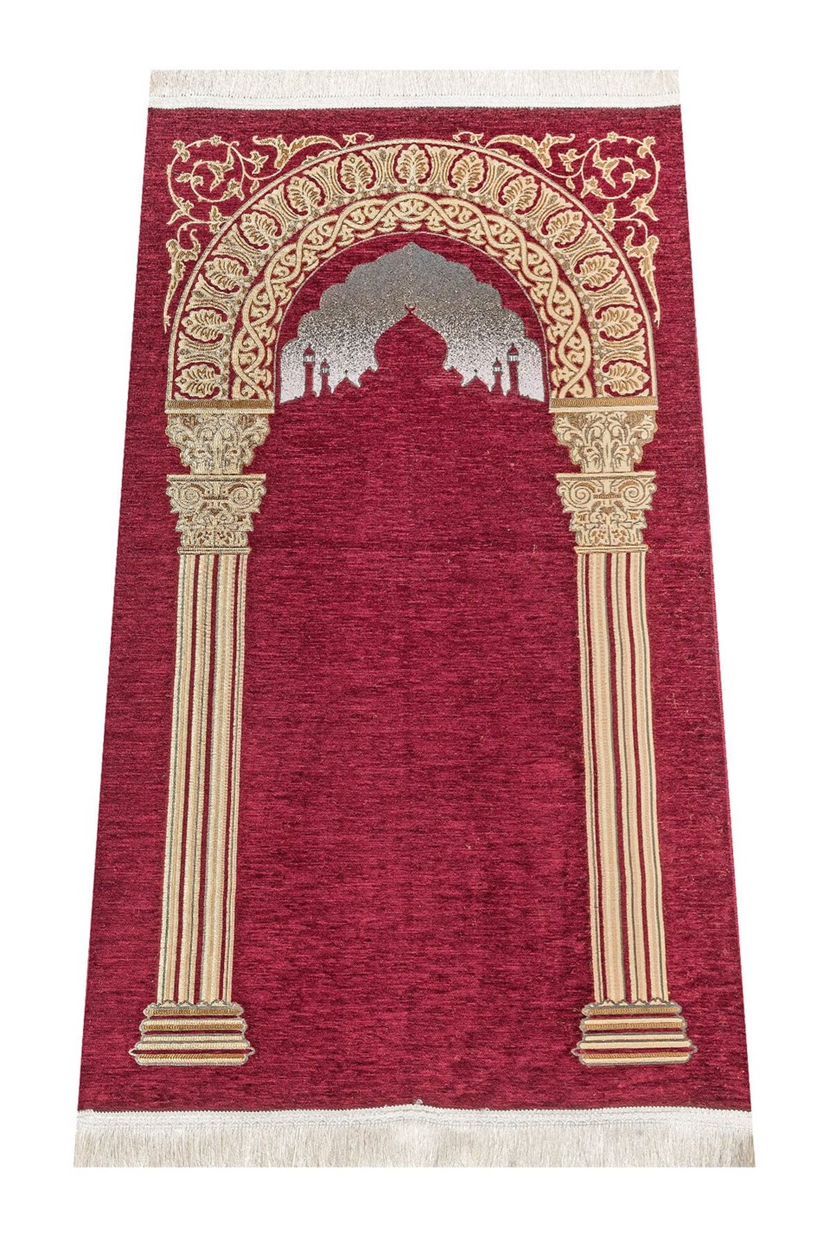 Taç Mahal Desenli Şönil Seccade - Bordo Renk