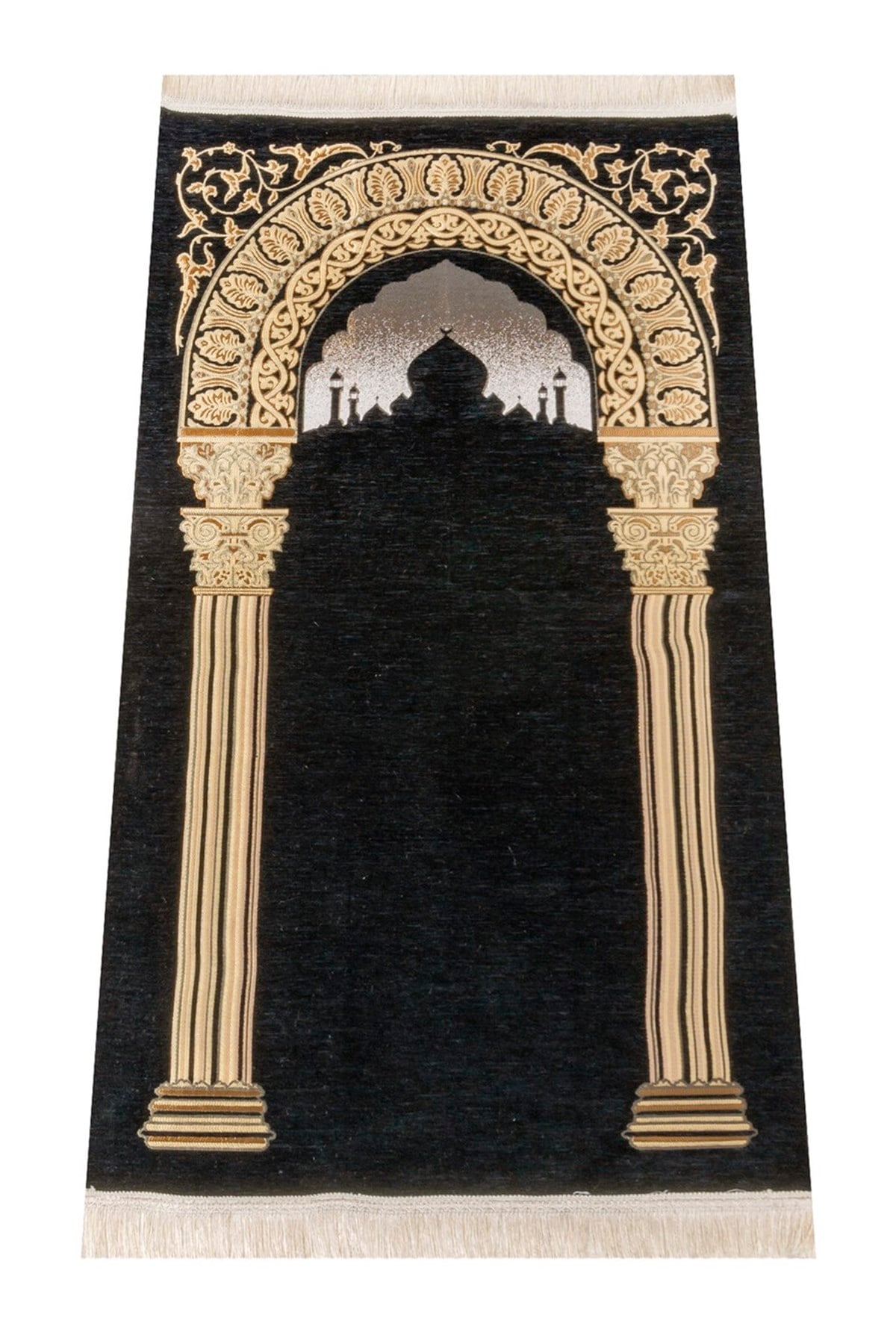 Taç Mahal Desenli Şönil Seccade - Siyah Renk