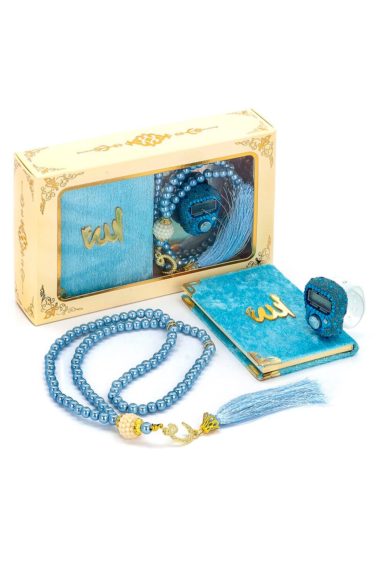 Taşlı Zikirmatik - Mini Kadife Yasin - İnci Tesbihli Hediyelik Set - Mavi Renk