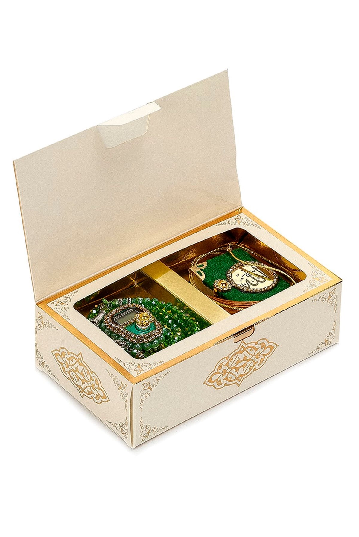 Taşlı Zikirmatik - Mini Kuran - Kristal Taş Tesbihli Hediyelik Set - Yeşil Renk