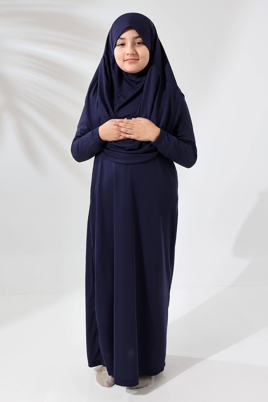 Tek Parça Pratik Başörtülü Çocuk Namaz Elbisesi Lacivert