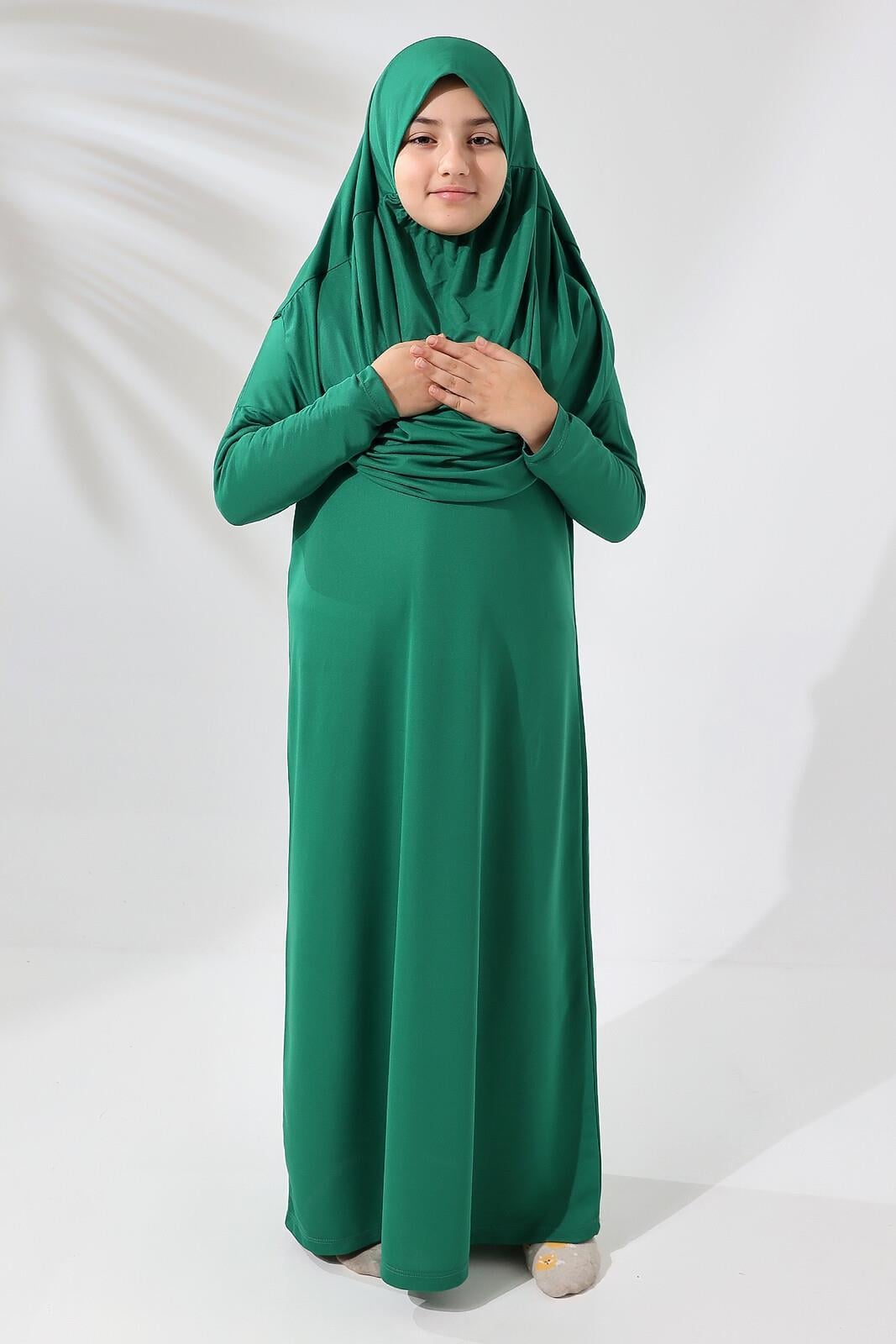 Tek Parça Pratik Başörtülü Çocuk Namaz Elbisesi Yeşil