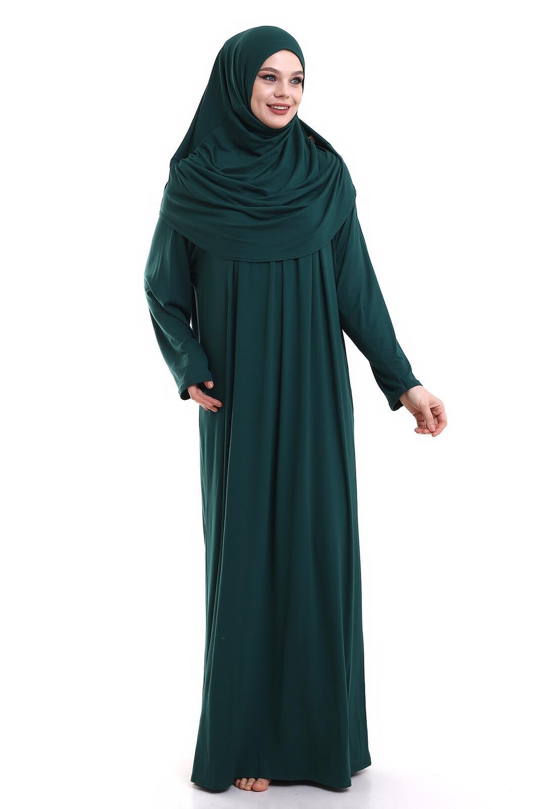 Tek Parça Pratik Başörtülü Robalı Namaz Elbisesi 8015 Zümrüt Yeşili