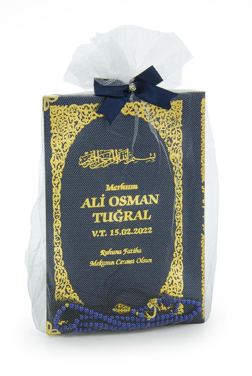 Tül Kaplamalı İsim Baskılı Ciltli Yasin Kitabı - Orta Boy - İnci Tesbihli - Lacivert