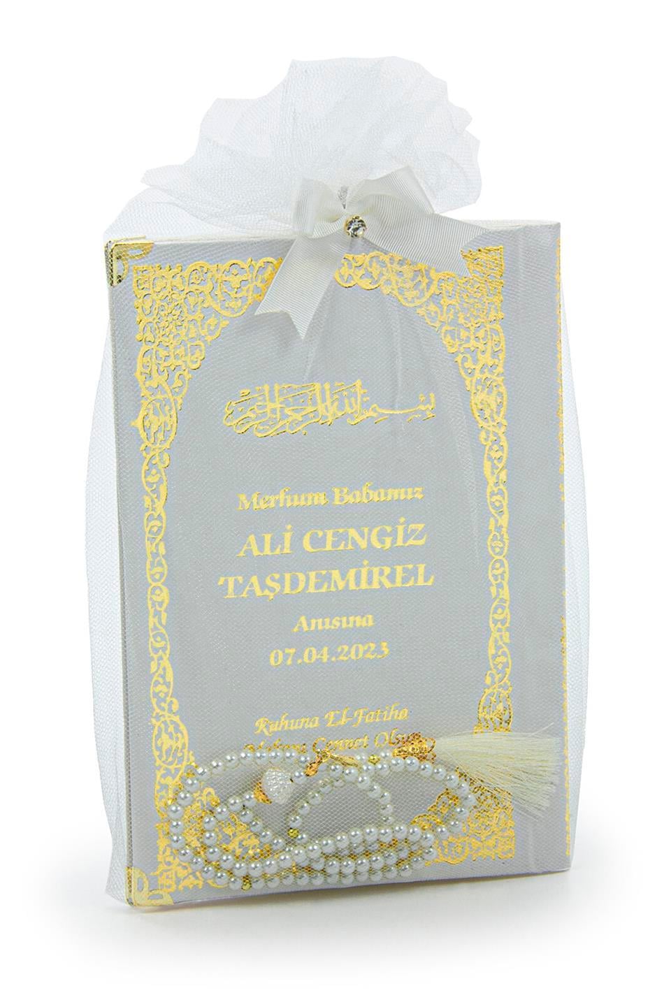 Tül Kaplamalı İsim Baskılı Ciltli Yasin Kitabı - Orta Boy - İnci Tesbihli - Beyaz