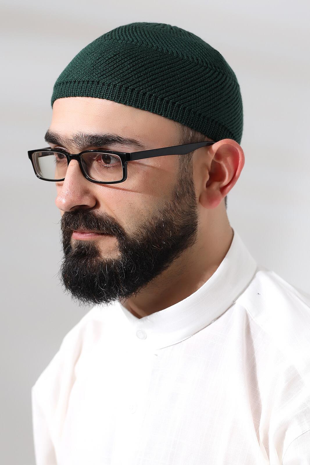 Yeşil Süper Namaz Dantel Detaylı Örme Orlon Namaz Takkesi